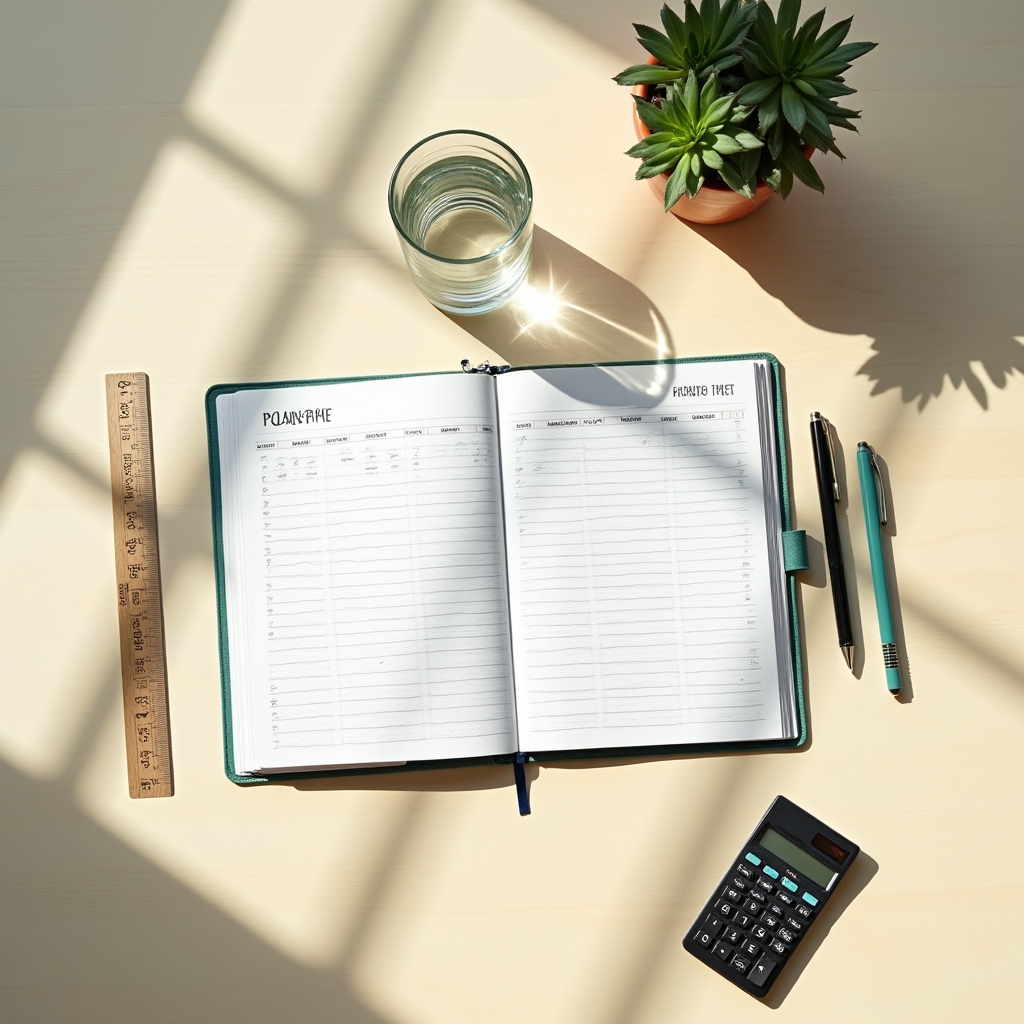 Übersichtliche Budgetplanung auf einem hellen Tisch mit Notizbuch
