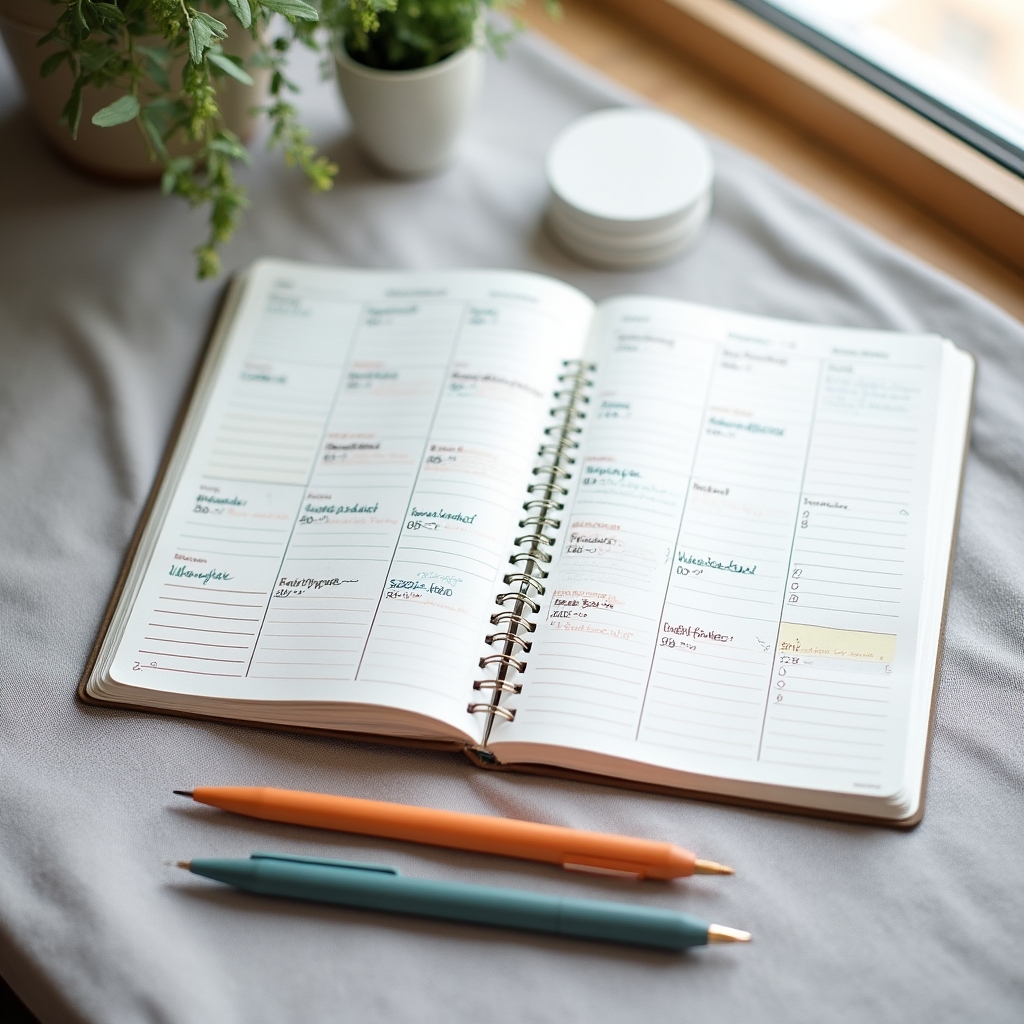 Kalender und Notizbuch für monatliche Finanzplanung auf einem Holztisch