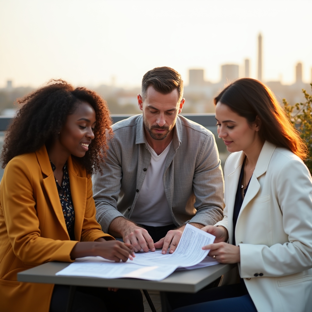 Bildungsteam bespricht Programminhalte auf einer Dachterrasse in Berlin
